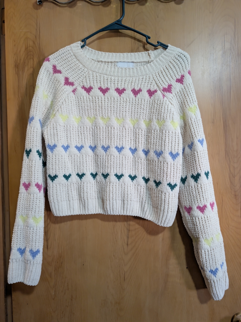 Pink Rose Cream Crewneck Sweater with Multicolor Heart Stripes